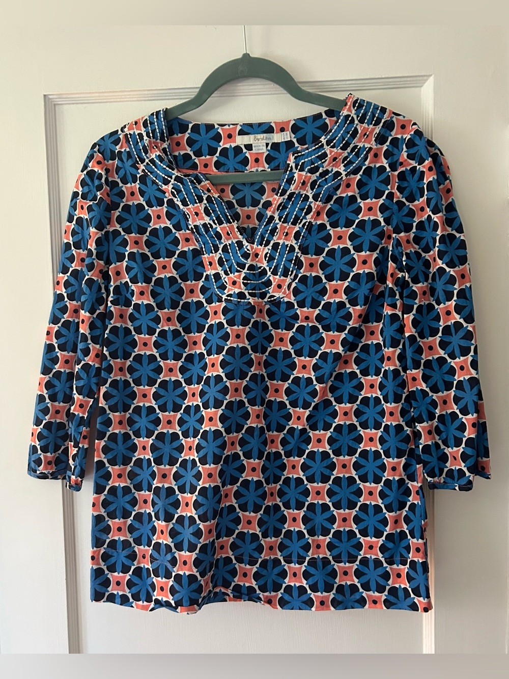 Boden Women’s Floral Geometric Print Blouse Top 3/4 Length Sleeve in Blue Pink